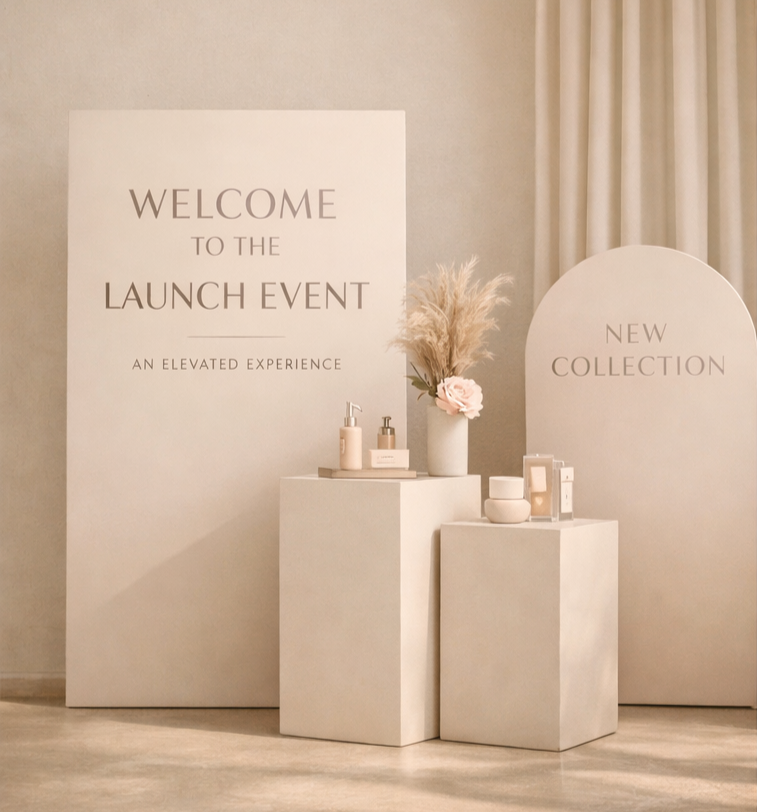 Decorative display with white pedestals holding skincare products and a vase with pink and white flowers, set against a beige wall with large welcome and new collection signs for a launch event.