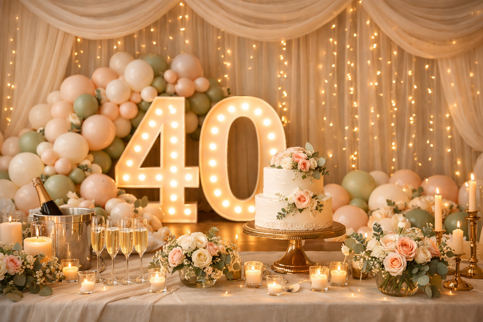 A decorated celebration table with a large illuminated '40' sign, a two-tier wedding cake with pink and white roses, balloons in pastel colors, several lit candles, champagne glasses, and floral arrangements. The background features draped fabric and string lights.