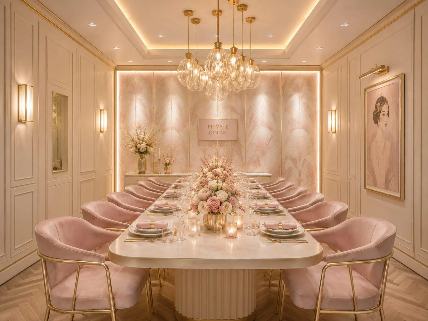 Elegant dining room with a long table set for a meal, surrounded by pink velvet chairs with gold accents. The table has a floral centerpiece with pink and white roses, candles, and glassware. The walls are decorated with floral patterned wallpaper, framed artwork, and soft lighting, creating a luxurious ambiance. A sign on the back wall reads 'Private Dining'.