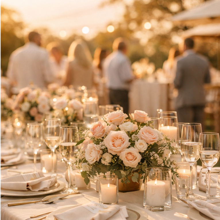 Wedding reception table decorated with a floral centerpiece of pink roses and white flowers, surrounded by lit candles, glassware, and place settings, with blurred guests in formal attire in the background.