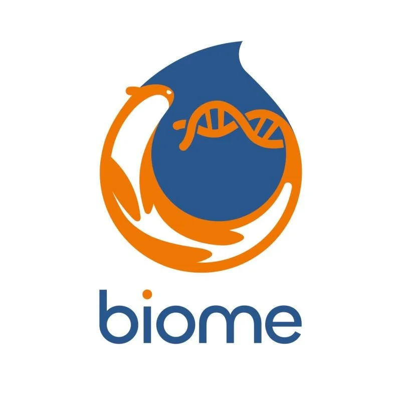 Biome Logo with a blue droplet, orange otter forming a circle, and orange DNA strand inside the droplet, with the word 'biome' below in blue.