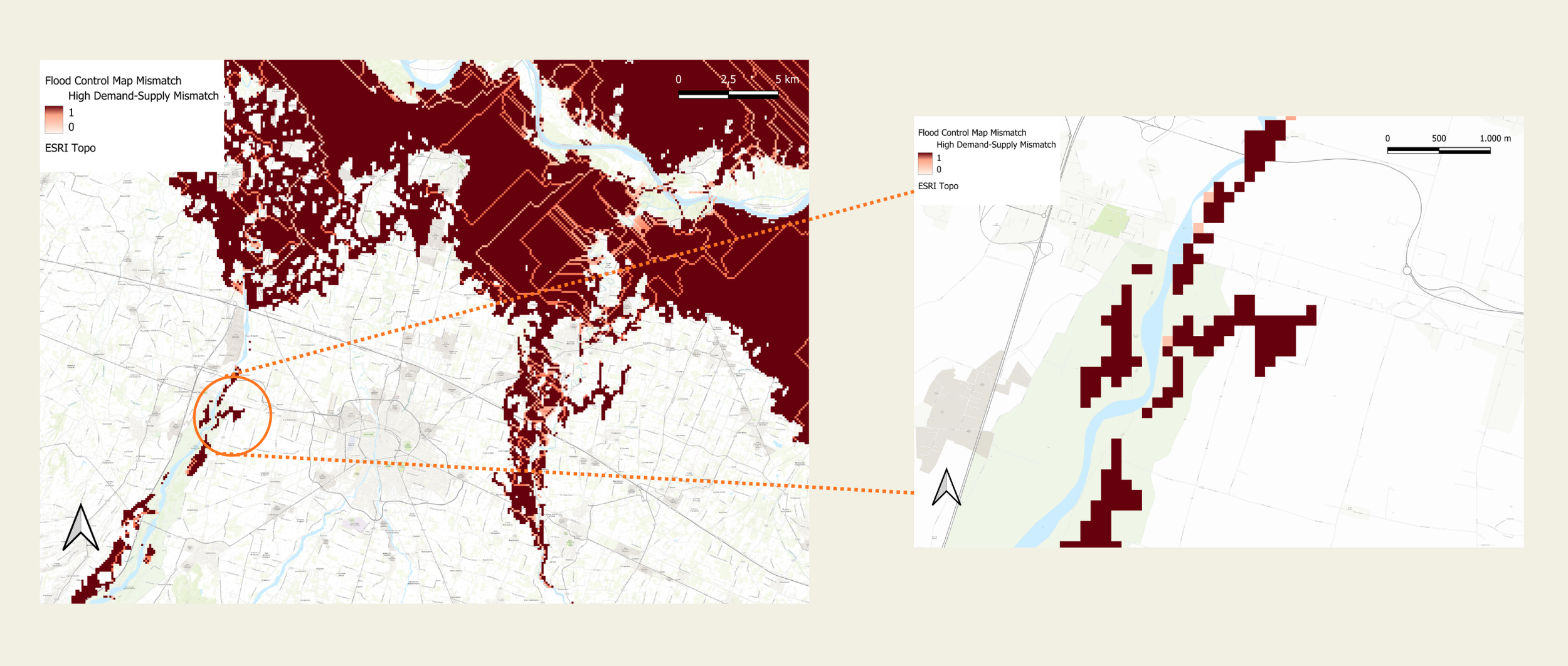 Map showing flood control map mismatch with high demand-supply mismatch in a city and surrounding areas, with zoomed-in section on right.