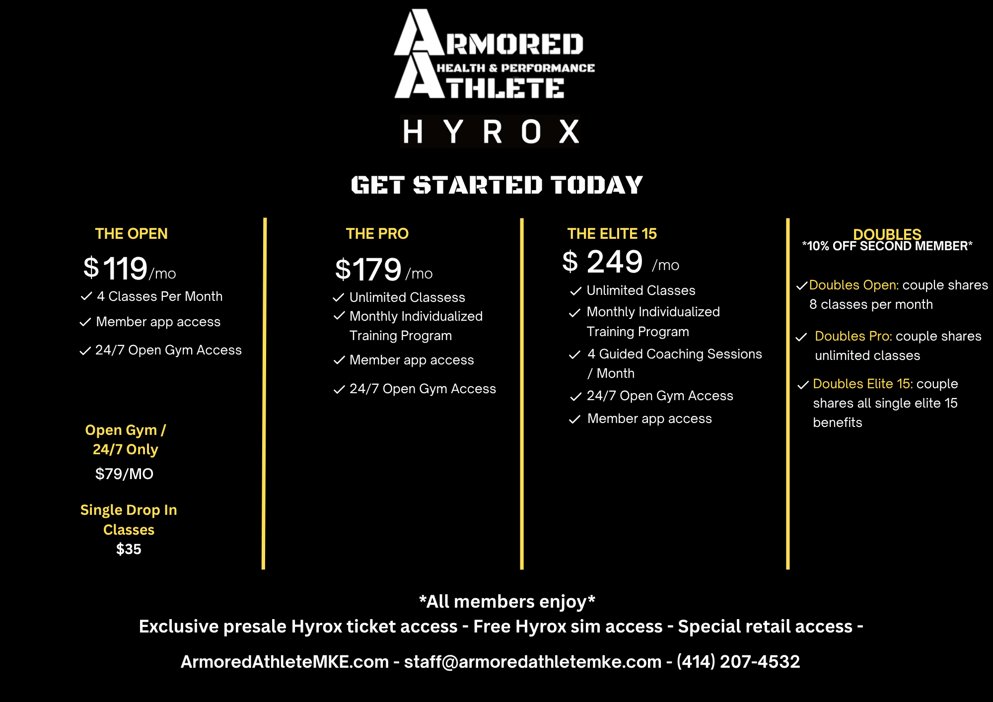 A promotional poster for Armored Athlete gym memberships. It highlights different plans including 'The Open', 'The Pro', 'The Elite 15', and 'Doubles,' with details about pricing and access. The poster emphasizes 24/7 gym access and includes contact information and a website at the bottom.