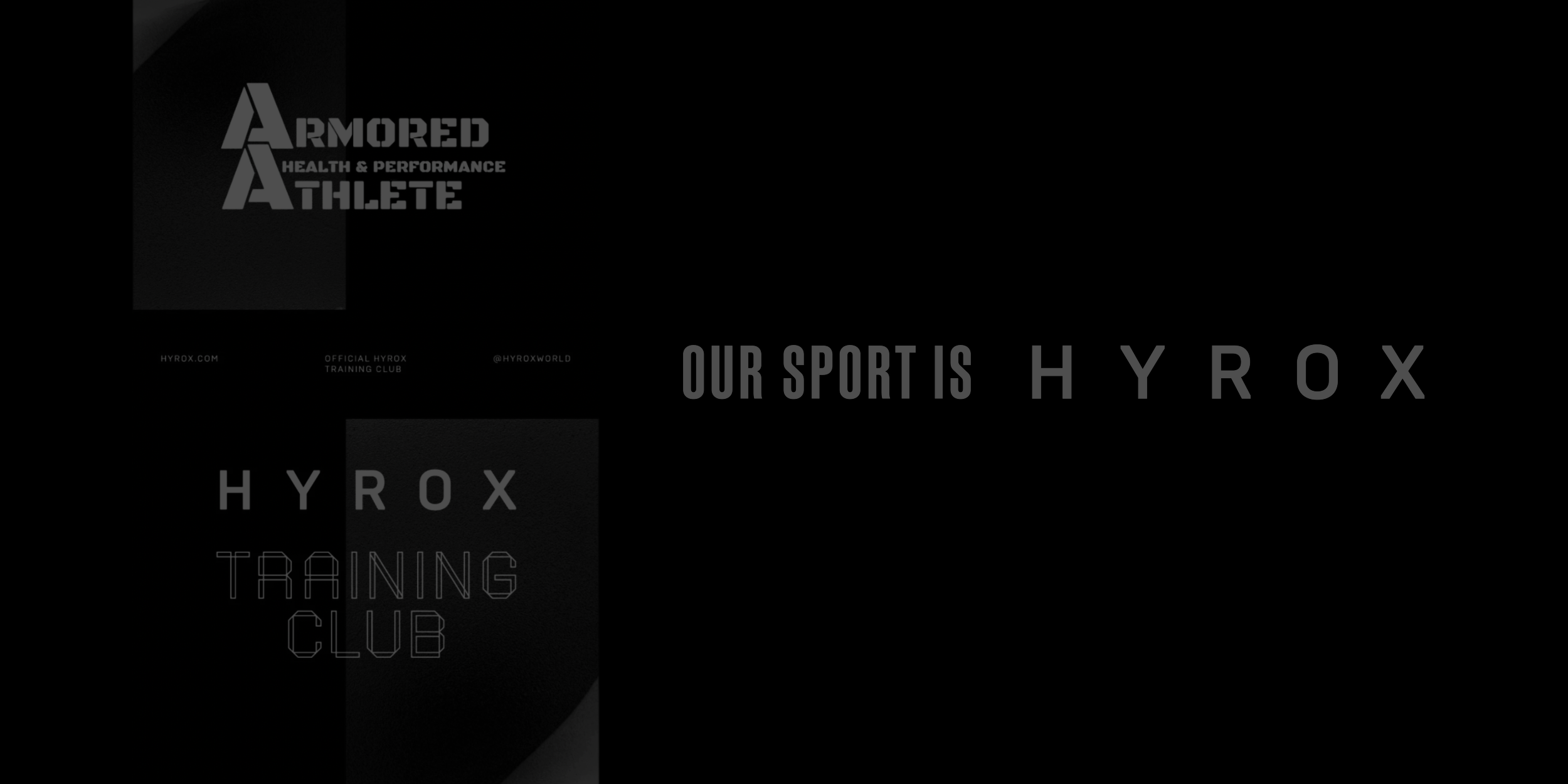 Dark background with text promoting the Hyrox training club and its sponsors, including Armored Health & Performance Athlete, Hyrox, and the official Hyrox Training Club.