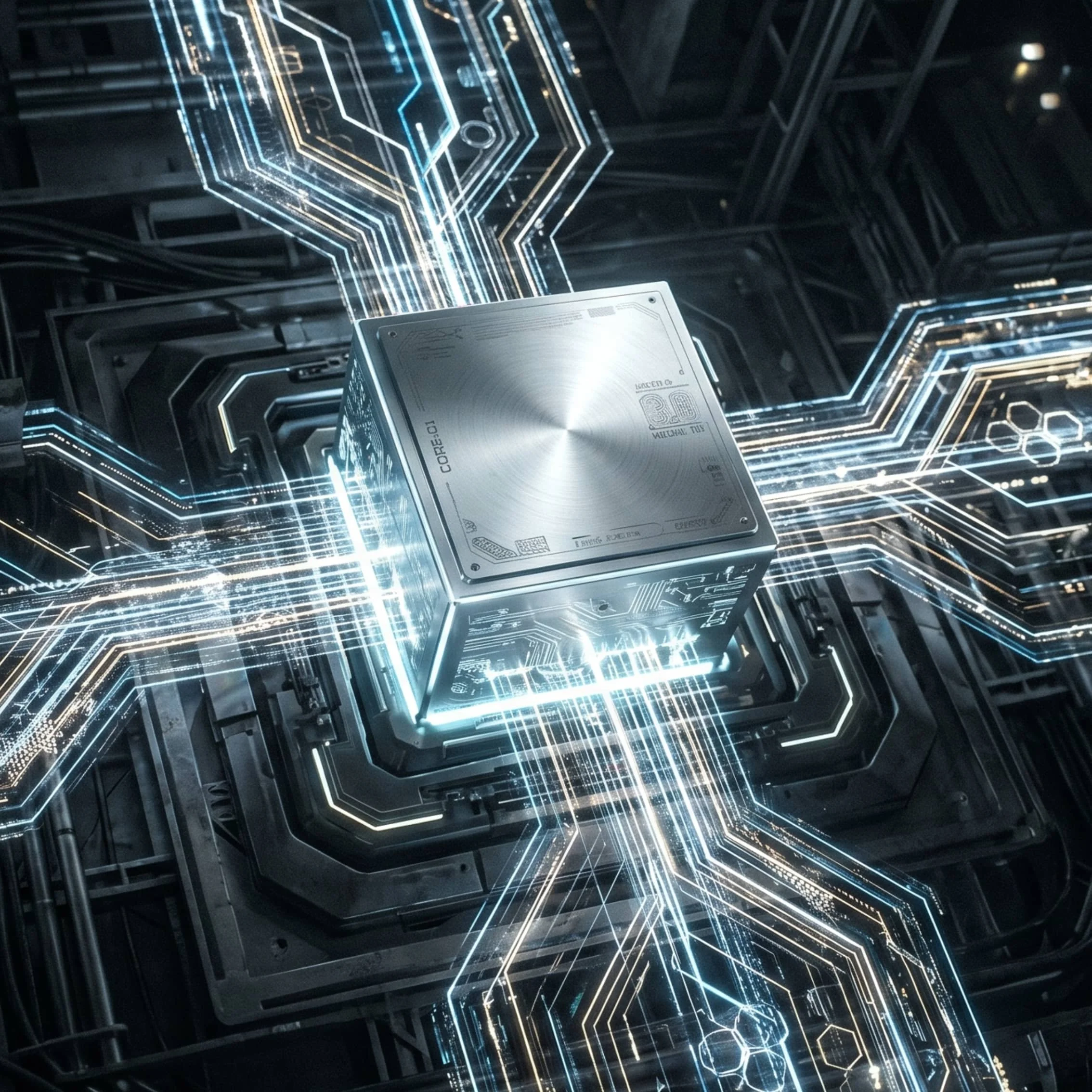 Stylised render of a silver CPU cube at the centre of glowing cyan circuit traces representing host compute architecture