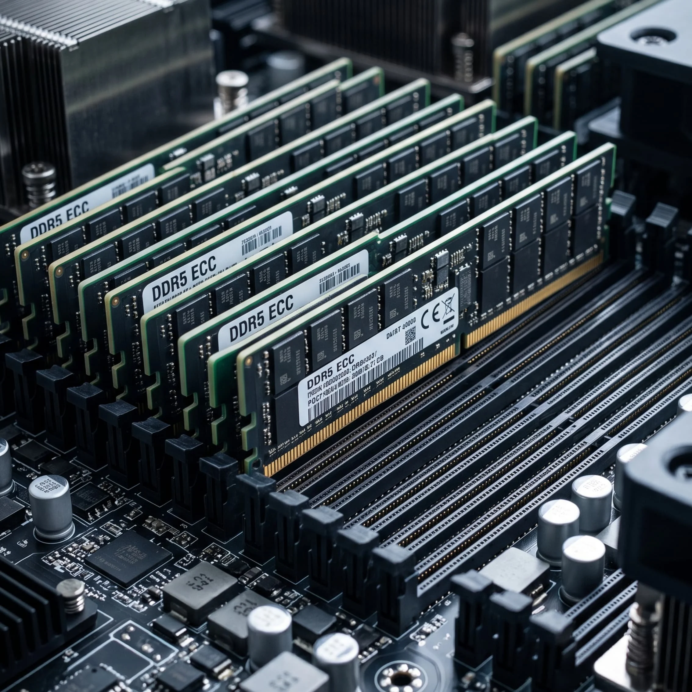 Multiple DDR5 ECC memory modules installed in DIMM slots on a server-grade motherboard with one empty slot visible