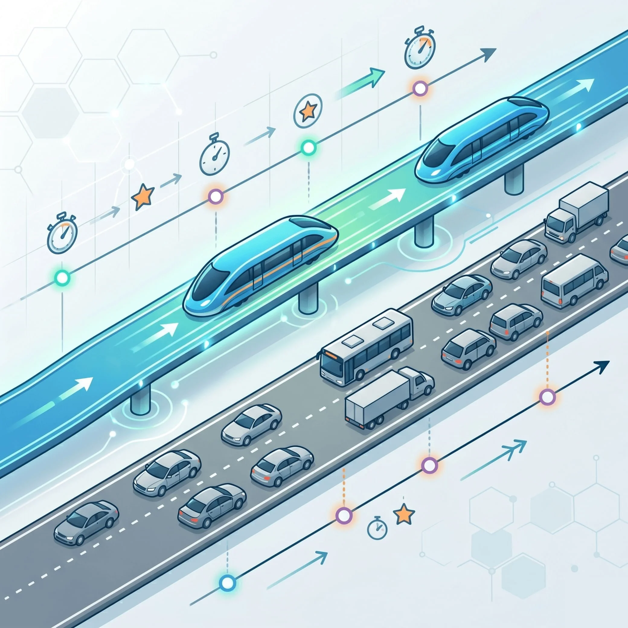 Isometric illustration contrasting two fast blue trains on an elevated track with a queue of cars, vans, and trucks crawling along a standard road