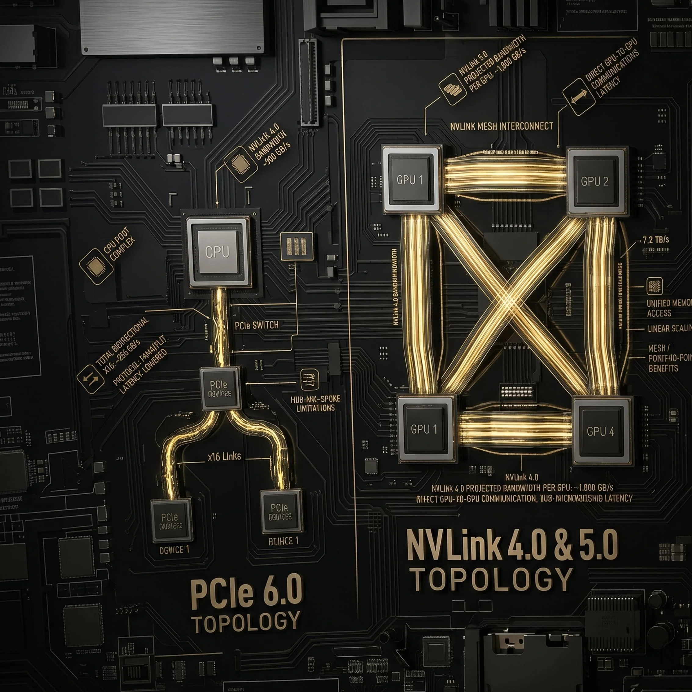Side-by-side topology diagram comparing PCIe 6.0 hub-and-spoke architecture with NVLink 4.0 and 5.0 mesh interconnect across four GPUs