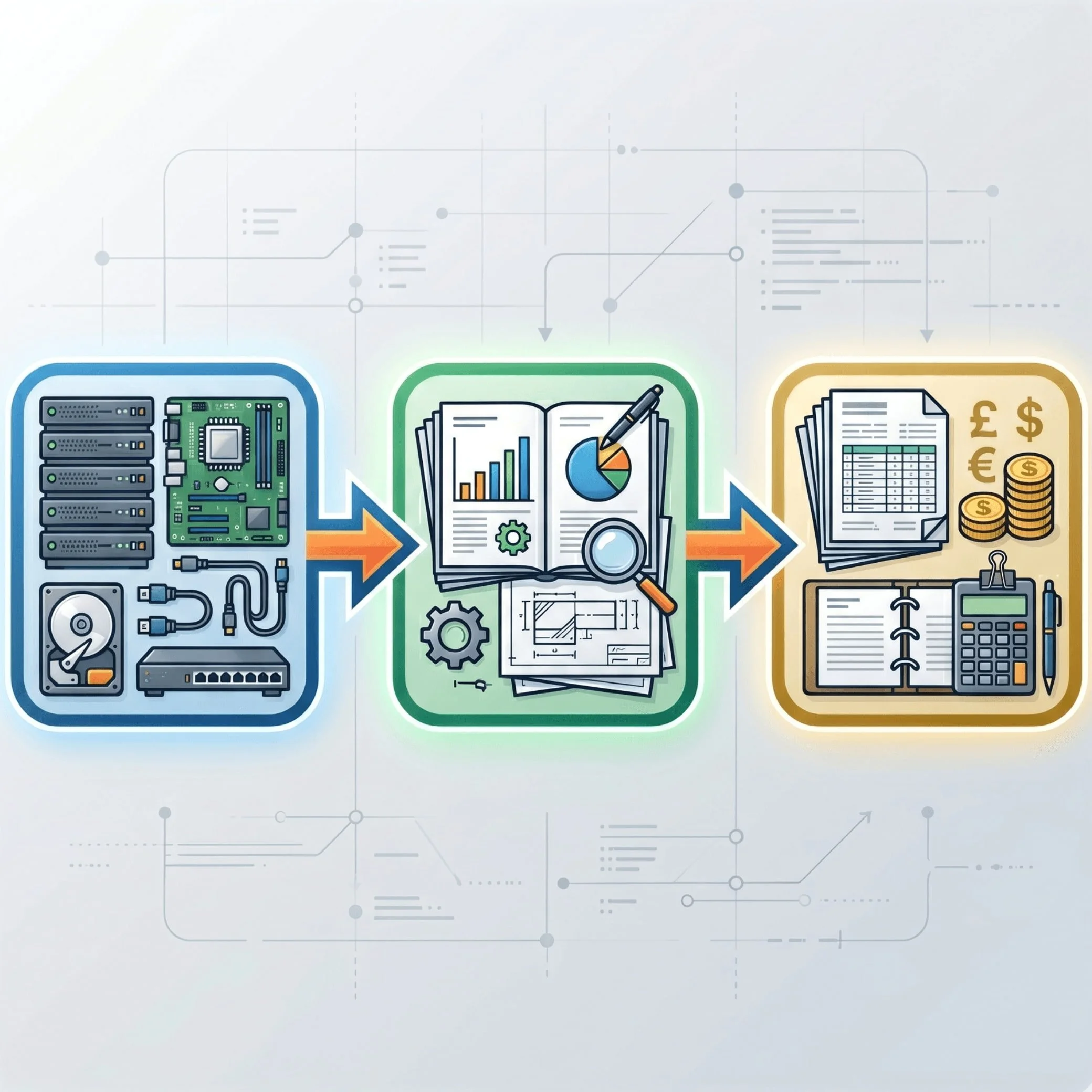 Three-panel infographic showing hardware components, technical documentation with charts and gears, and financial records with currency symbols