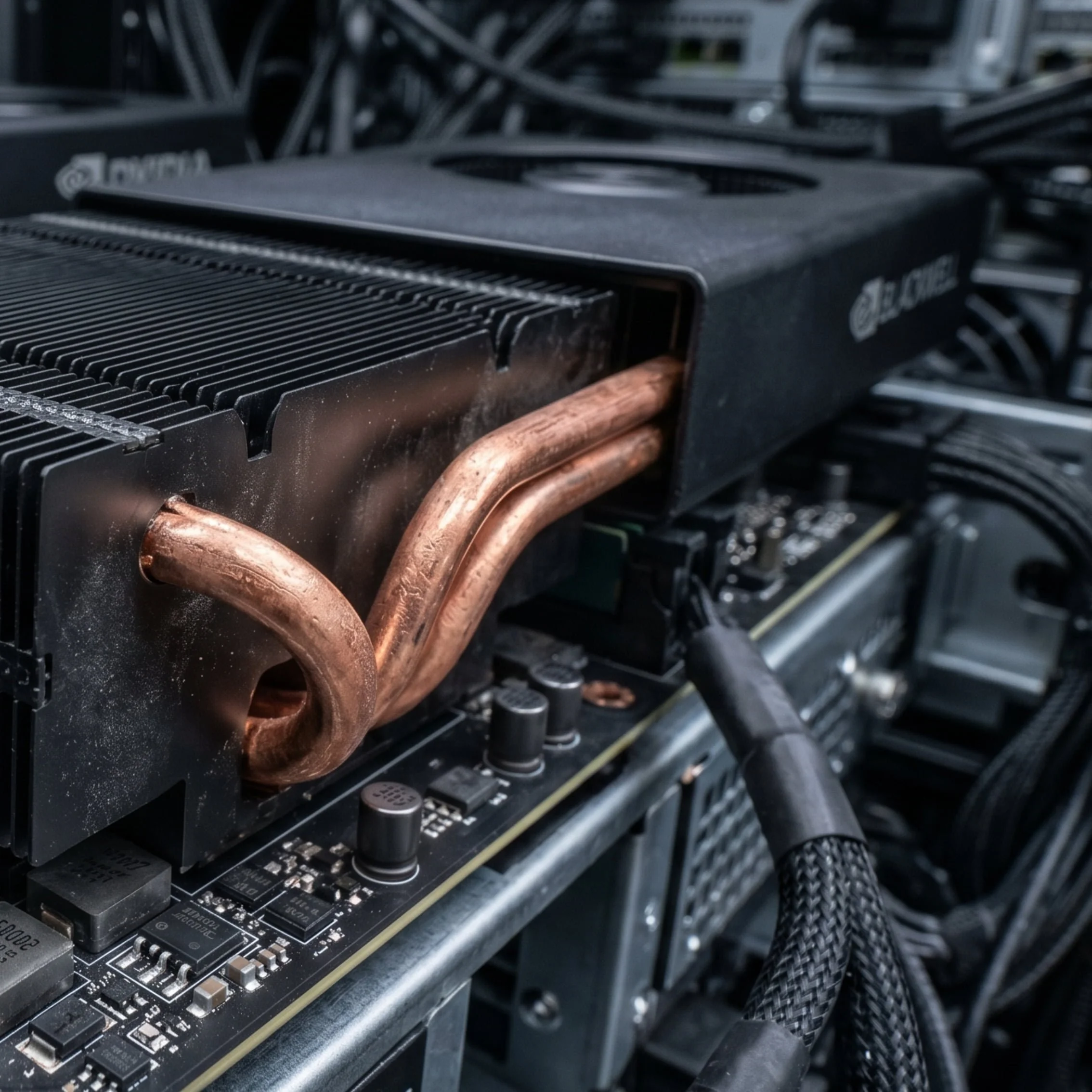 NVIDIA Blackwell GPU with exposed copper heat pipes curving out of heatsink fins inside an open workstation build