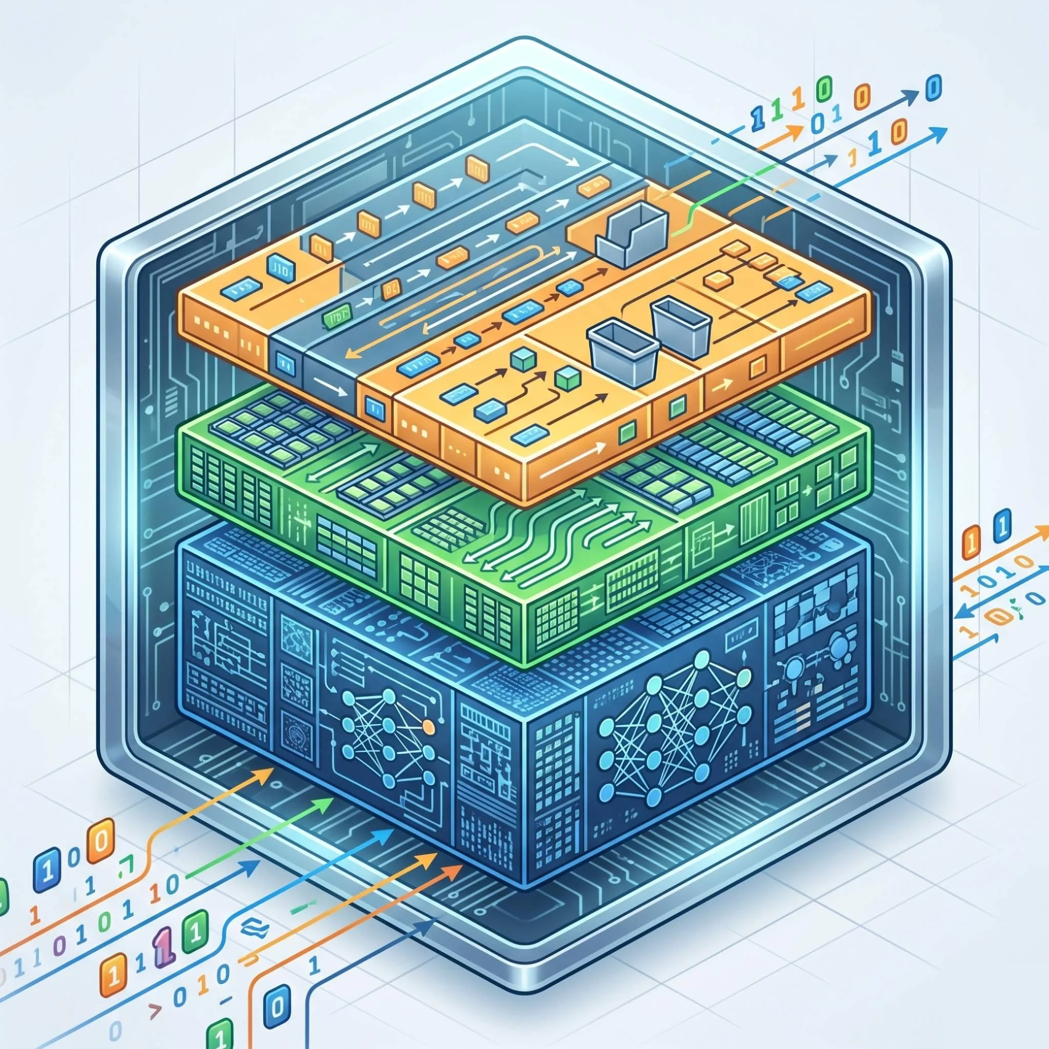 Isometric illustration of a layered hexagonal cube showing three stacked memory tiers in orange, green, and blue with binary data flowing between them