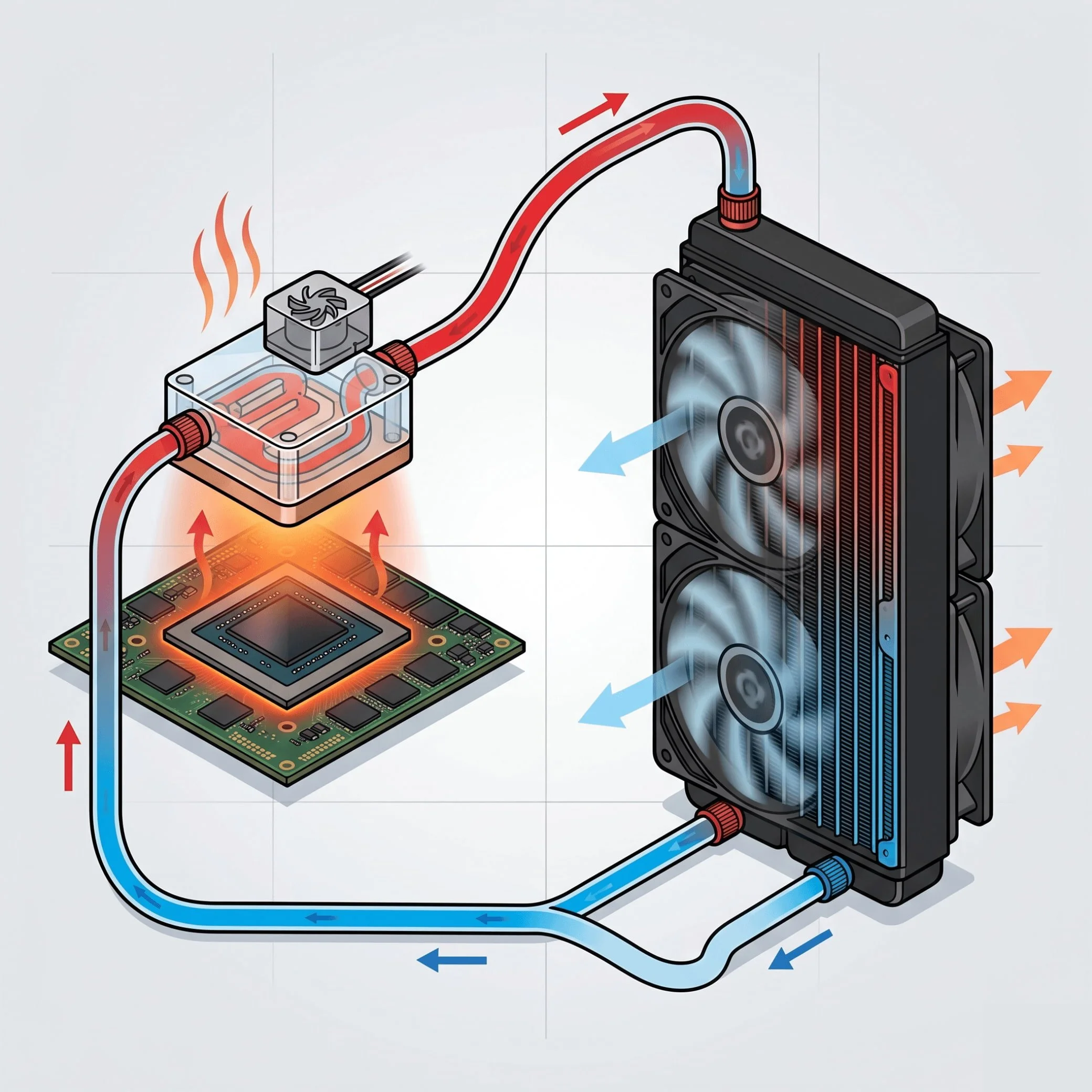 Technical diagram of an AIO liquid cooling loop showing hot coolant flowing from a water block on a chip to a dual-fan radiator and returning cooled