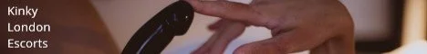 A hand holding a black object, likely a flashlight or similar device, with text listing 'Kinky London Escorts' on a dark background.