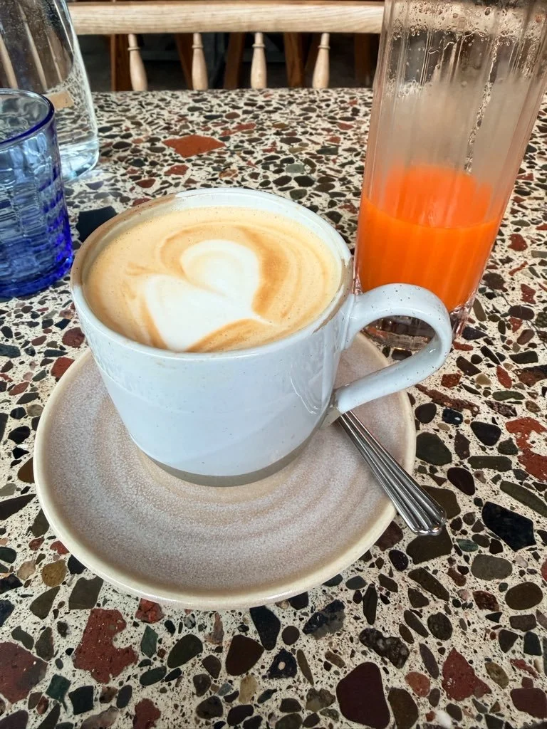 Decaf coconut latte and a freshly squeezed carrot juice. Never visualised myself as a carrot juice drinker, tried it for the first time last week, instantly hooked. Don’t knock it ‘til you’ve tried it