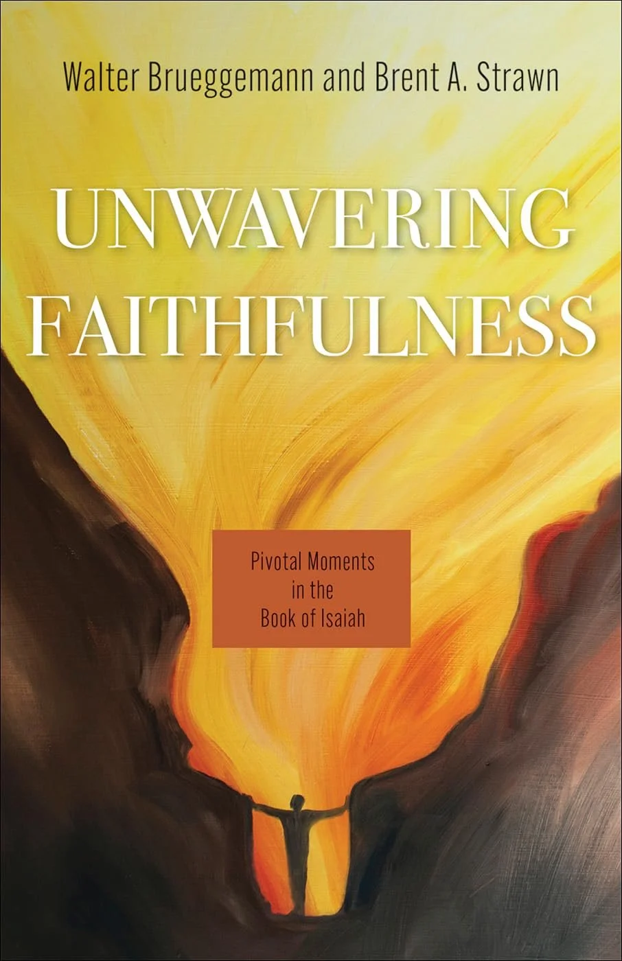 Book cover titled "Unwavering Faithfulness" by Walter Brueggemann and Brent A. Strawn, featuring an abstract painting of a person standing at the edge of two cliffs with arms outstretched, overlooking a fiery orange and yellow sky.