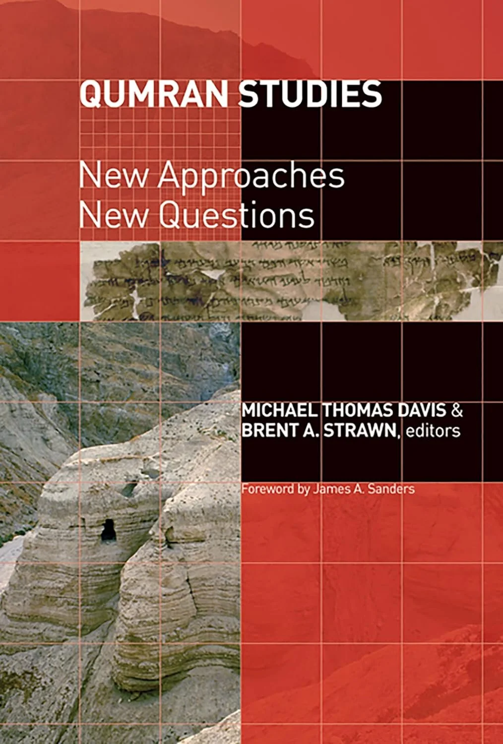 Book cover titled 'Qumran Studies: New Approaches, New Questions' edited by Michael Thomas Davis and Brent A. Strawn, with a background of desert landscape and ancient manuscripts.