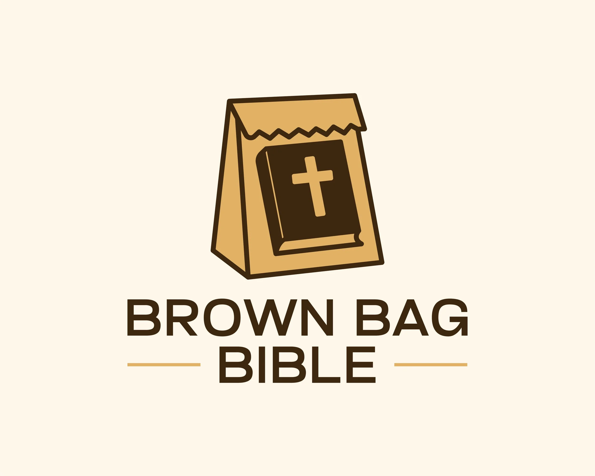 Illustration of a paper brown bag with a black cross on it, labeled as a Bible, with the text 'Download Brown Bag Bible' underneath.