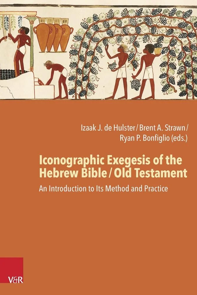 Book cover titled 'Iconographic Exegesis of the Hebrew Bible / Old Testament' with an ancient Egyptian style illustration of figures under a tree, carrying baskets, and working near a building.