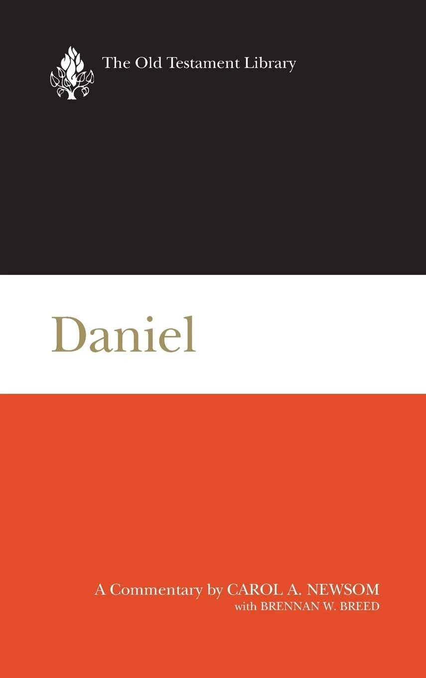 Book cover titled 'Daniel' from The Old Testament Library series, with a black, white, and red color scheme, featuring a white tree logo in the top left corner.