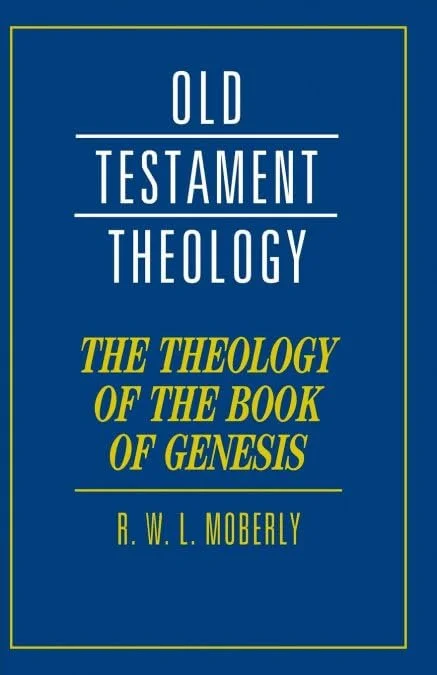 Cover of a book titled 'Old Testament Theology: The Theology of the Book of Genesis' by R. W. L. Moberly, with a blue background and yellow and white text.