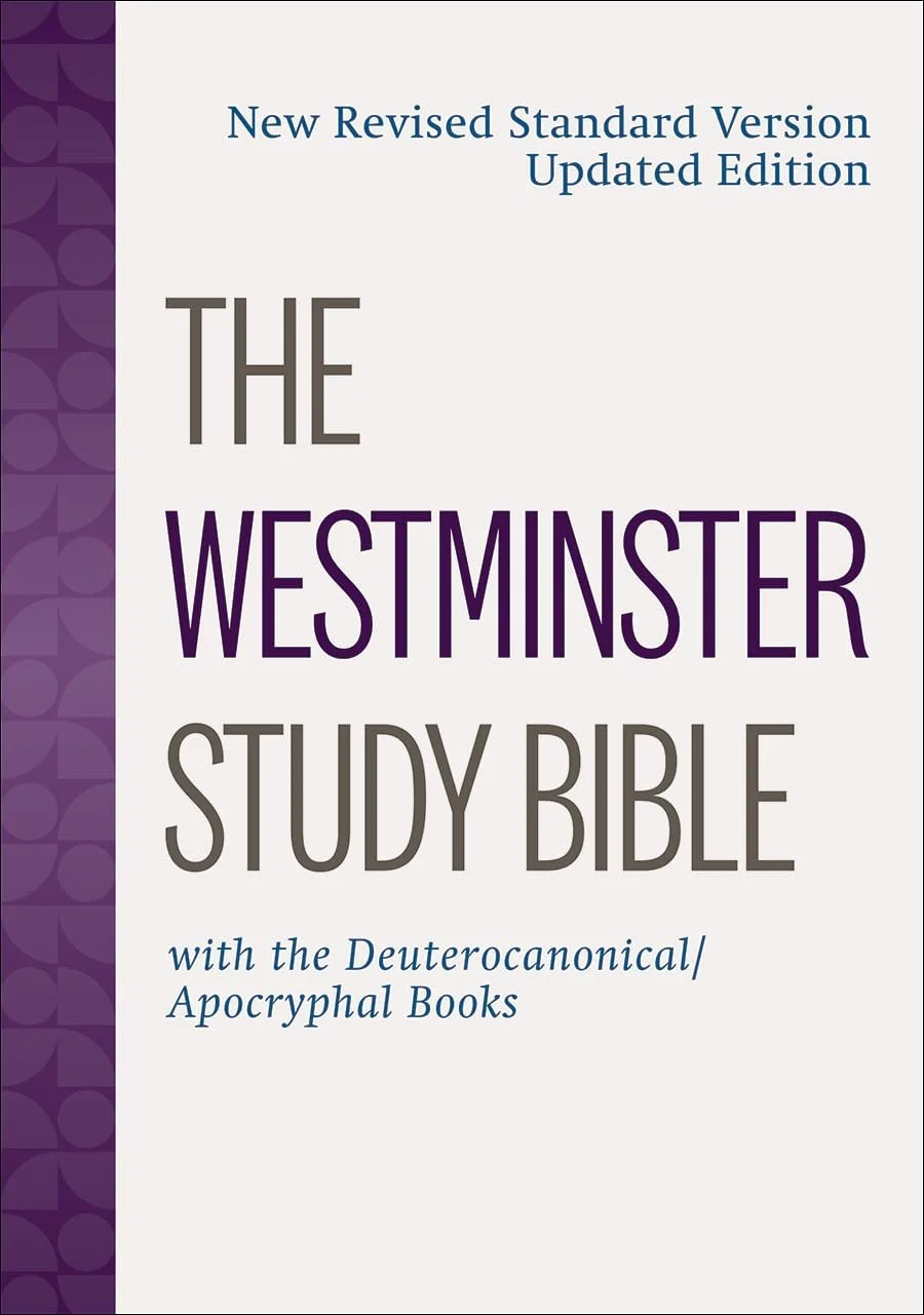 Cover of the book titled 'The Westminster Study Bible' with a subtitle indicating it includes Deuterocanonical and Apocryphal books. The cover features a purple decorative stripe on the left side with abstract patterns, and the main title in large text.