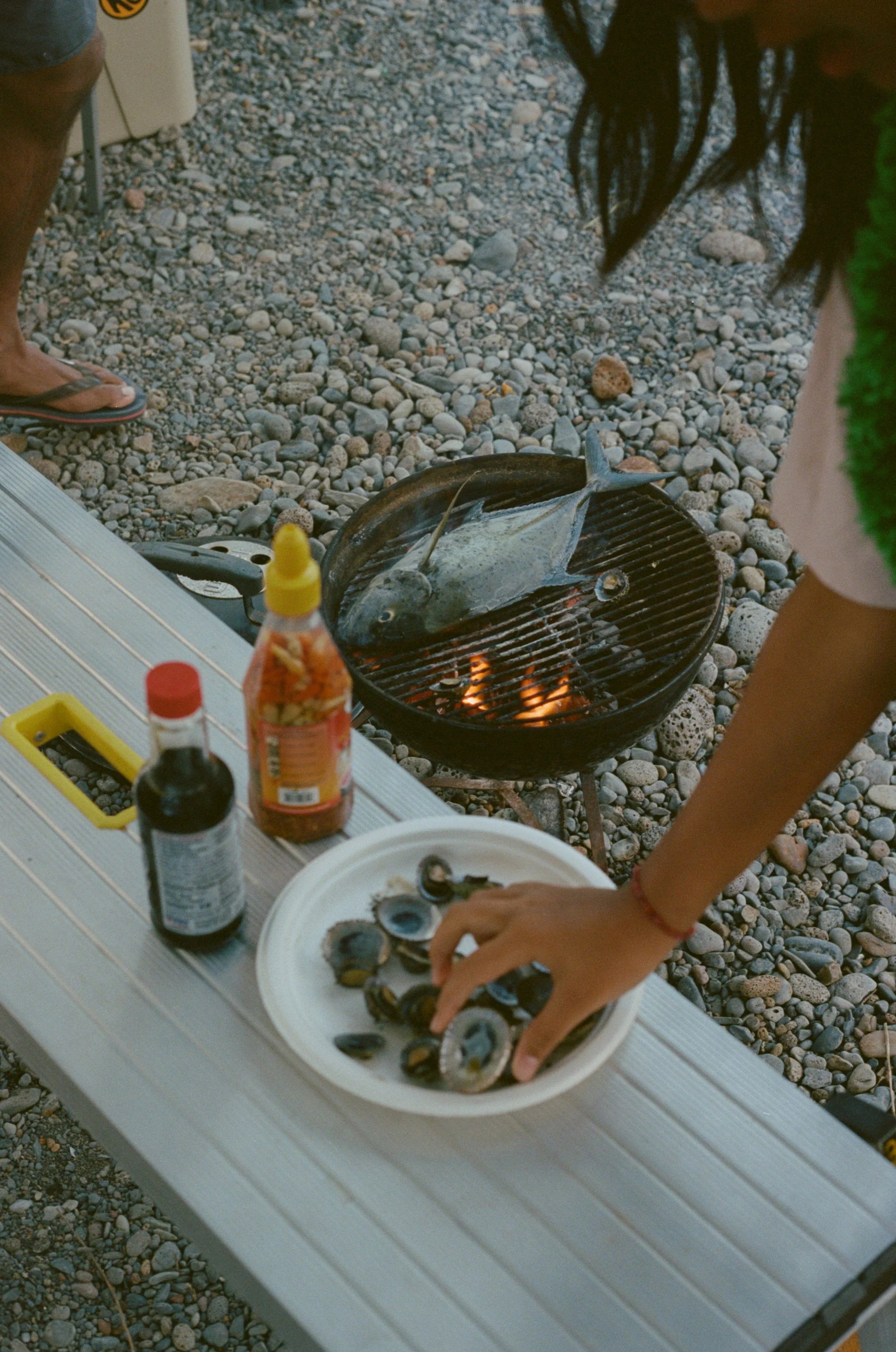 Person placing fresh shellfish onto a white plate while grilling fish on a barbecue grill outdoors on a rocky beach.