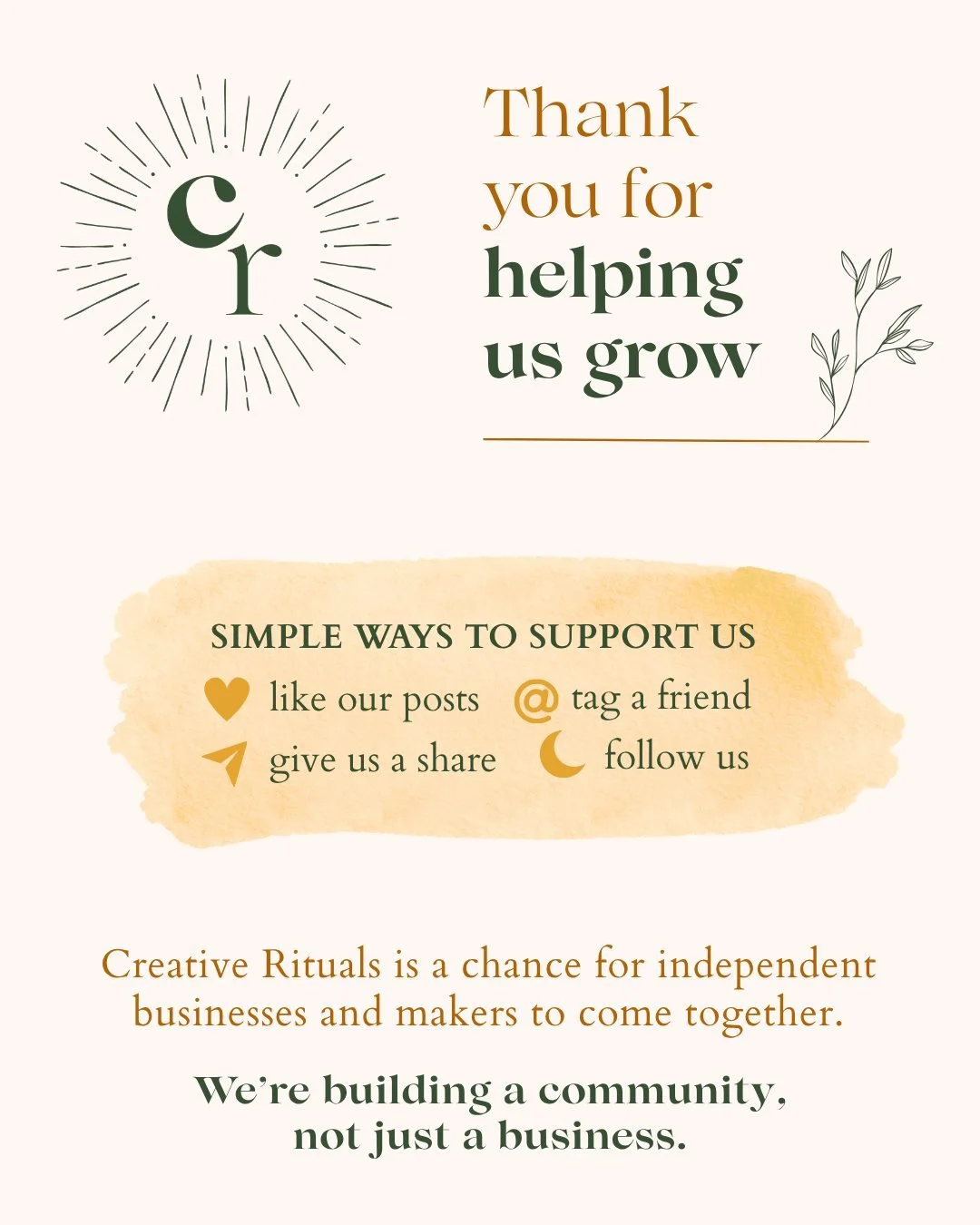 We need your help to grow 🙏🌱

As a brand new business, your follows, likes and shares mean everything to us.

We&rsquo;re all about bringing together a community of like-minded people with our workshops, each hosted in a safe, nurturing space that 