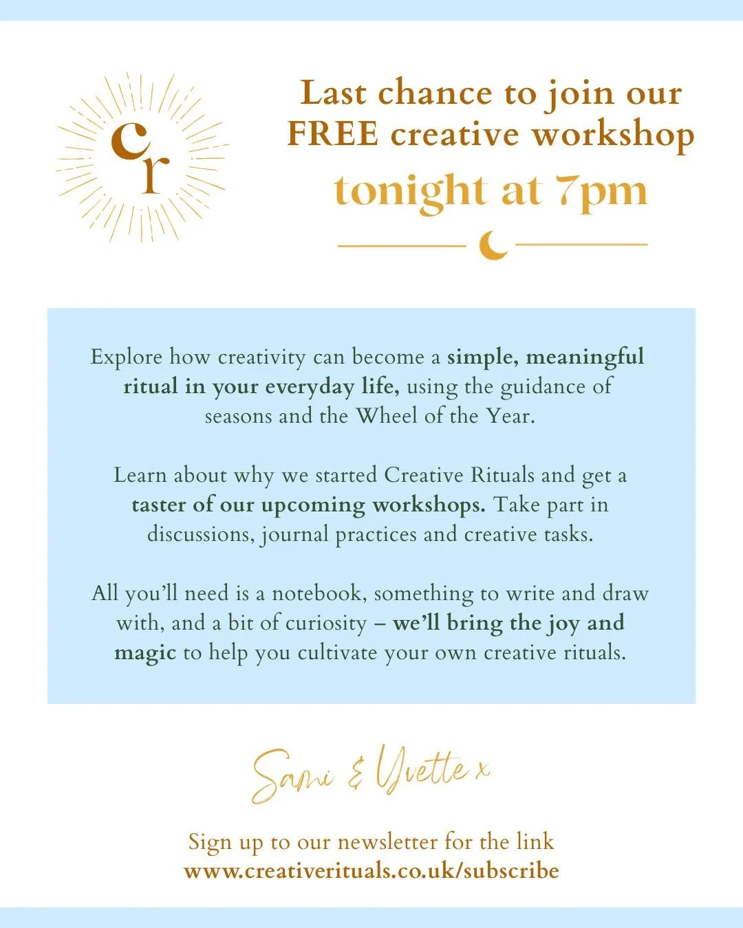 Don&rsquo;t miss your FREE creative workshop invite! 

We&rsquo;re so excited for you to join us and explore how creativity can become a simple, meaningful ritual in your everyday life ✨

Come along to deepen your relationship with yourself and pract
