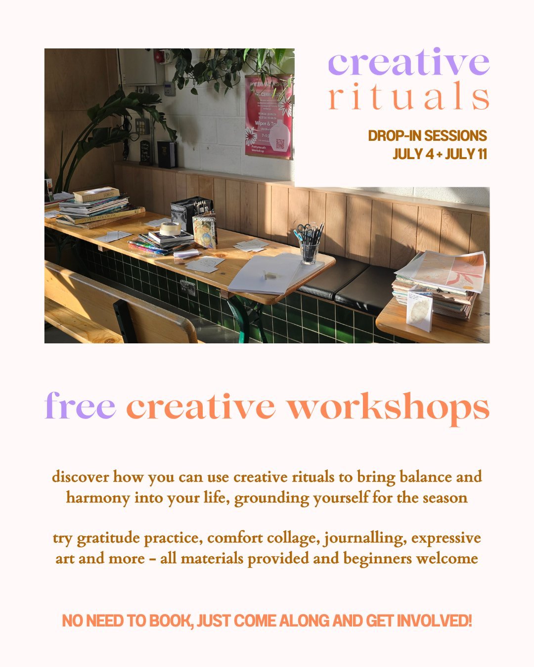 Free creative workshops this July ✨

Come and join us in celebrating the strawberry moon and all it represents at two amazing venues across Bristol and North Somerset 🌕

Turn simple creative techniques like:
Gratitude practice
Collage
Journalling
Ex