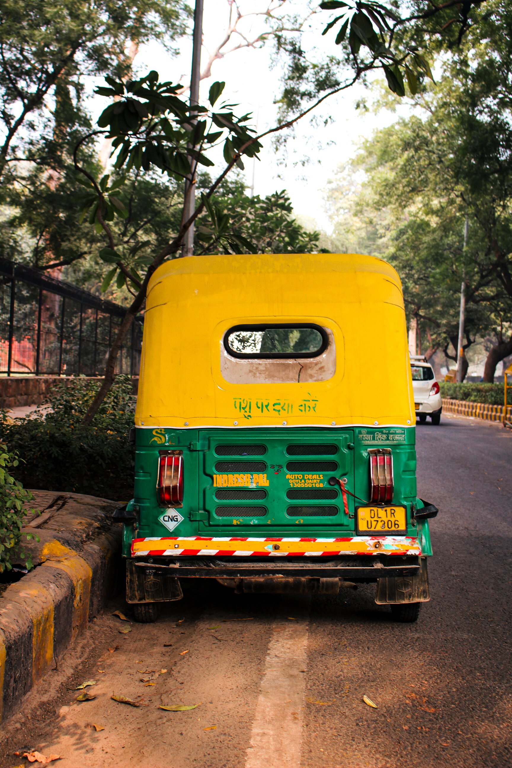 A green and yellow auto rickshaw parked on the side of a street with trees and cars in the background.
