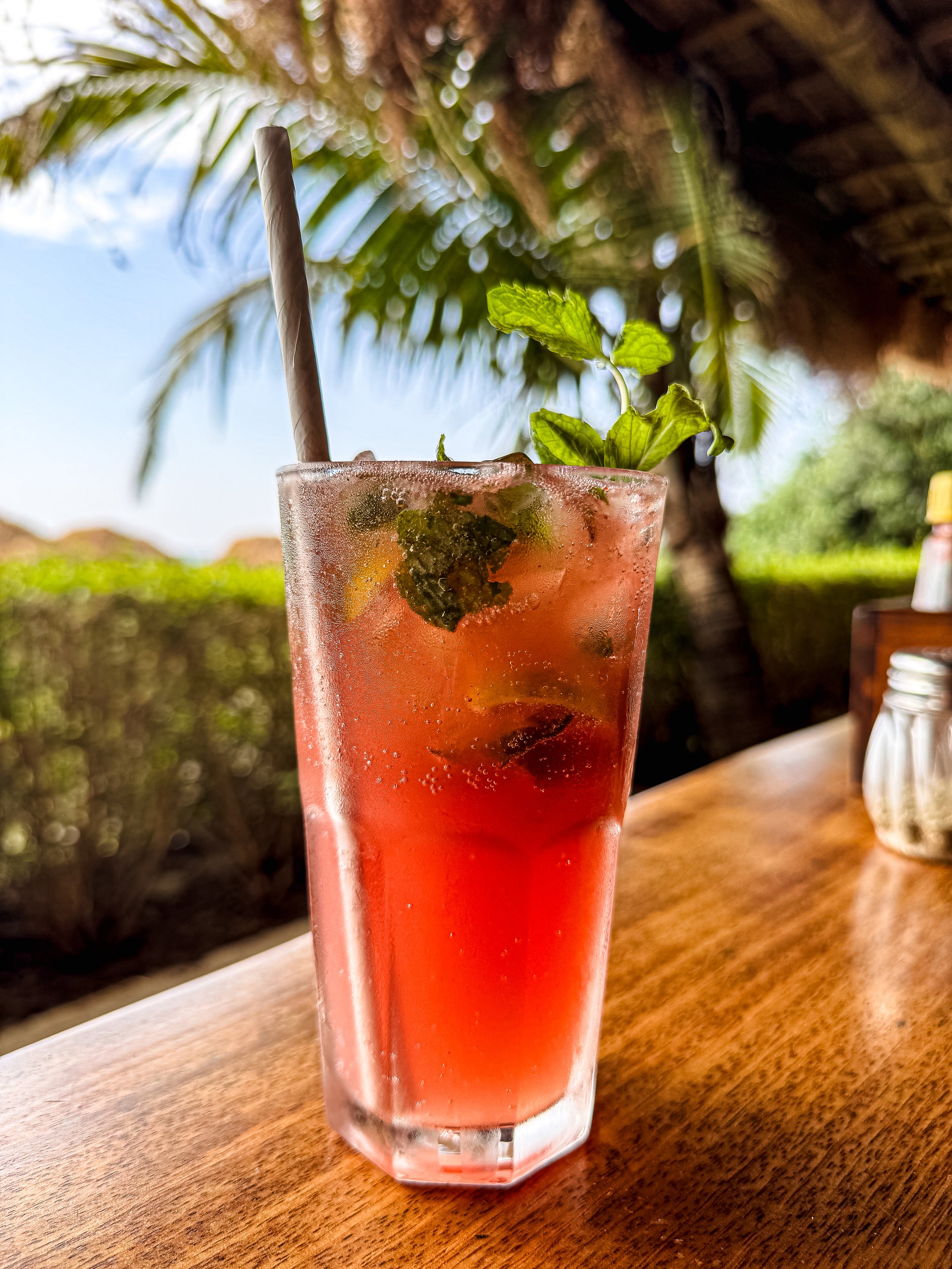 A tall glass of pink-colored cocktail with ice, mint leaves, and a straw, outdoors on a wooden table with lush greenery and palm trees in the background.