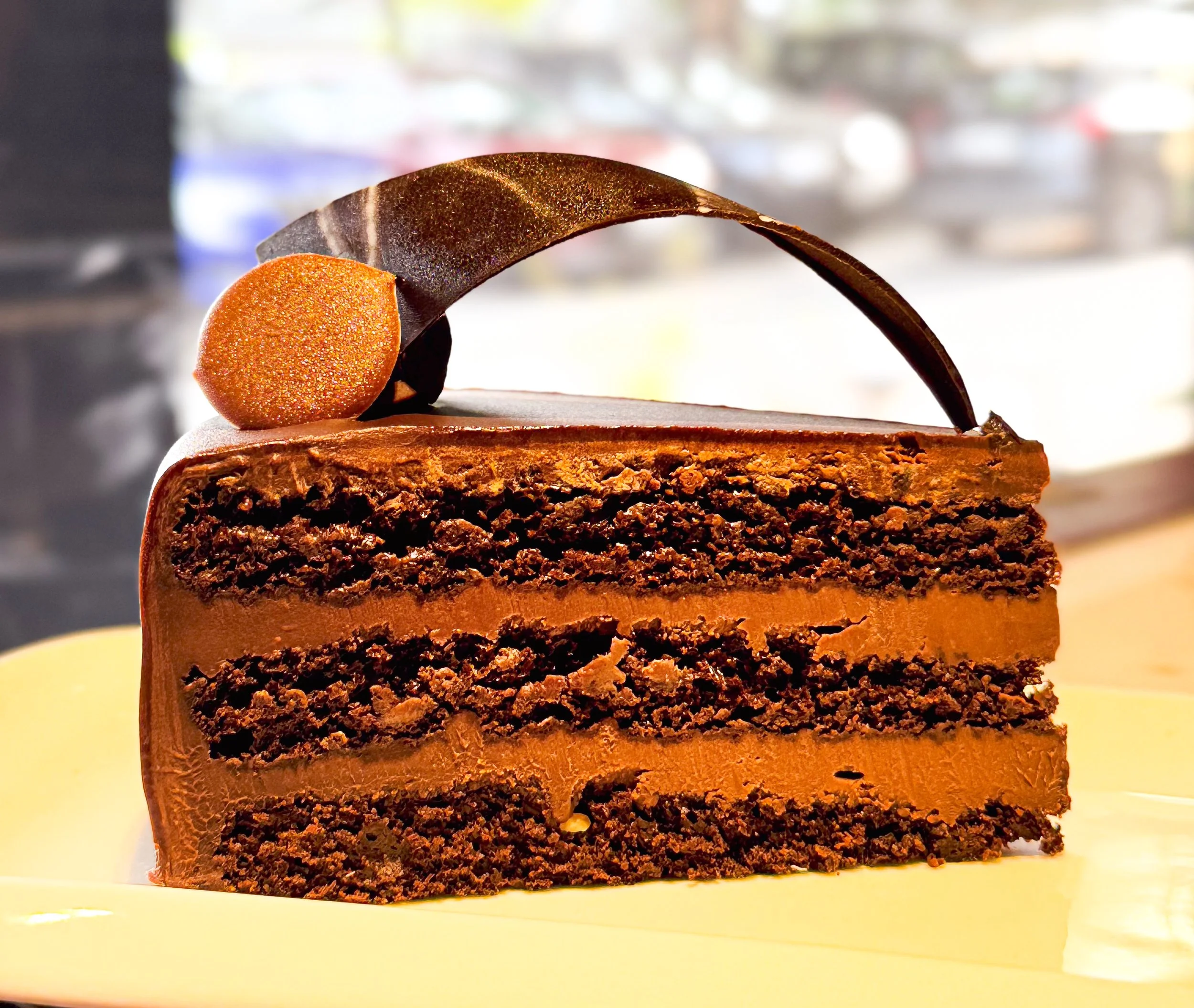 A slice of layered chocolate cake with chocolate frosting and decorative chocolate garnish on top.