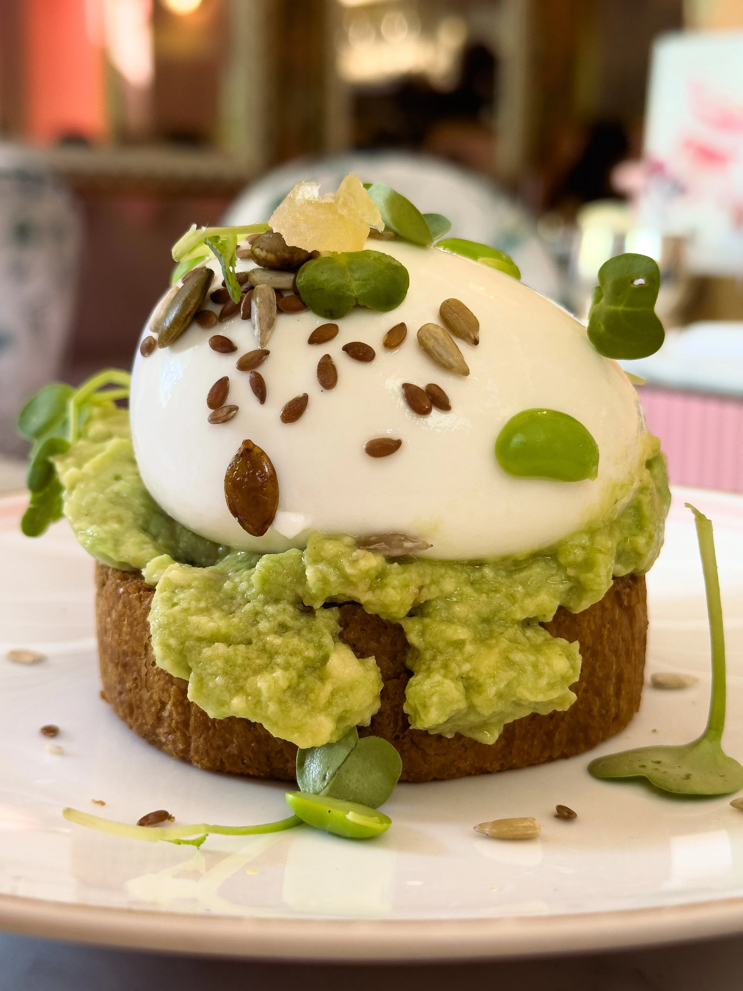 Close-up of avocado toast topped with a poached egg, seeds, and microgreens on a white plate.