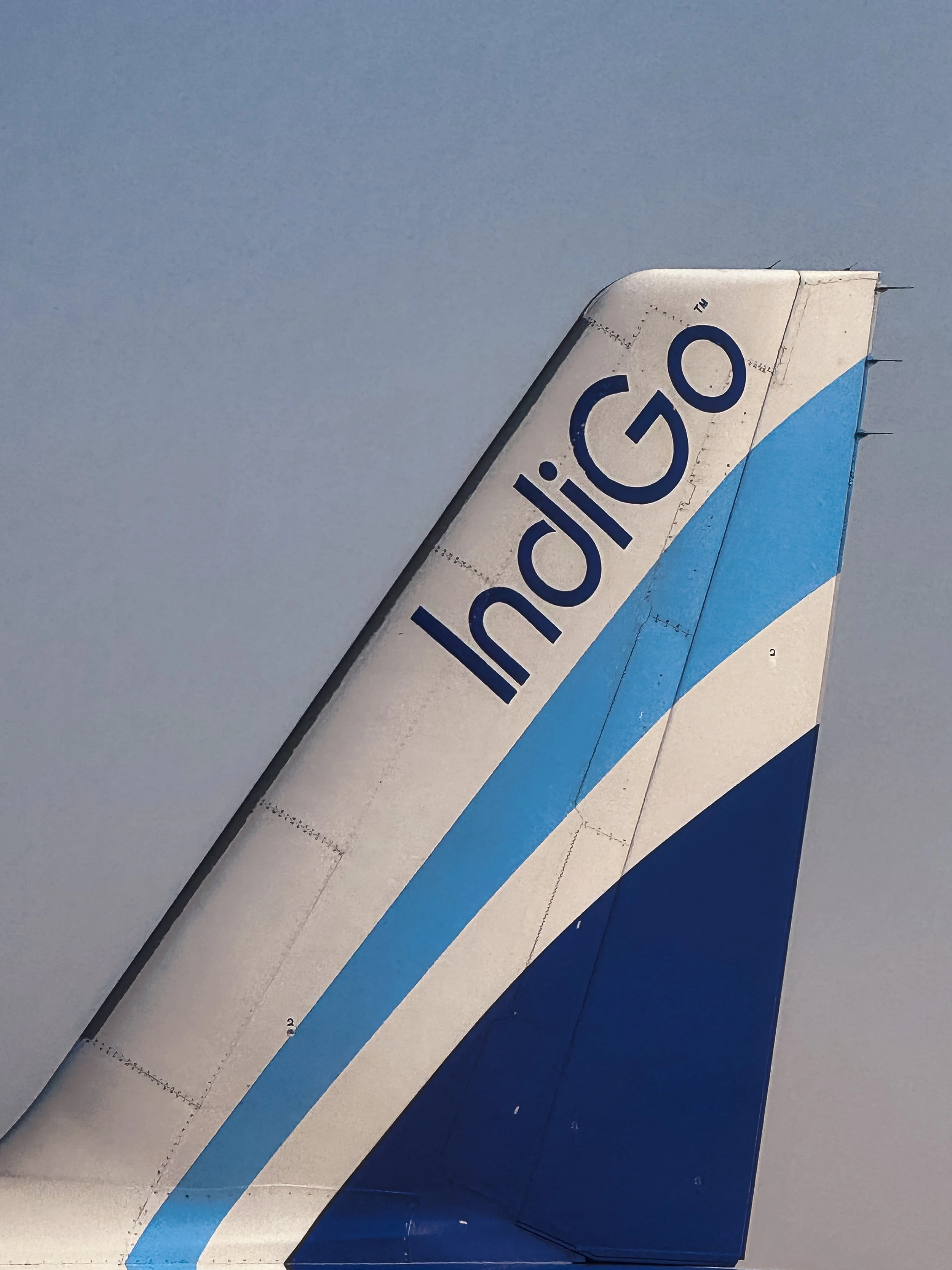 Close-up of an airline tail fin with the Indigo logo in blue letters on a silver background, featuring blue and white accents.