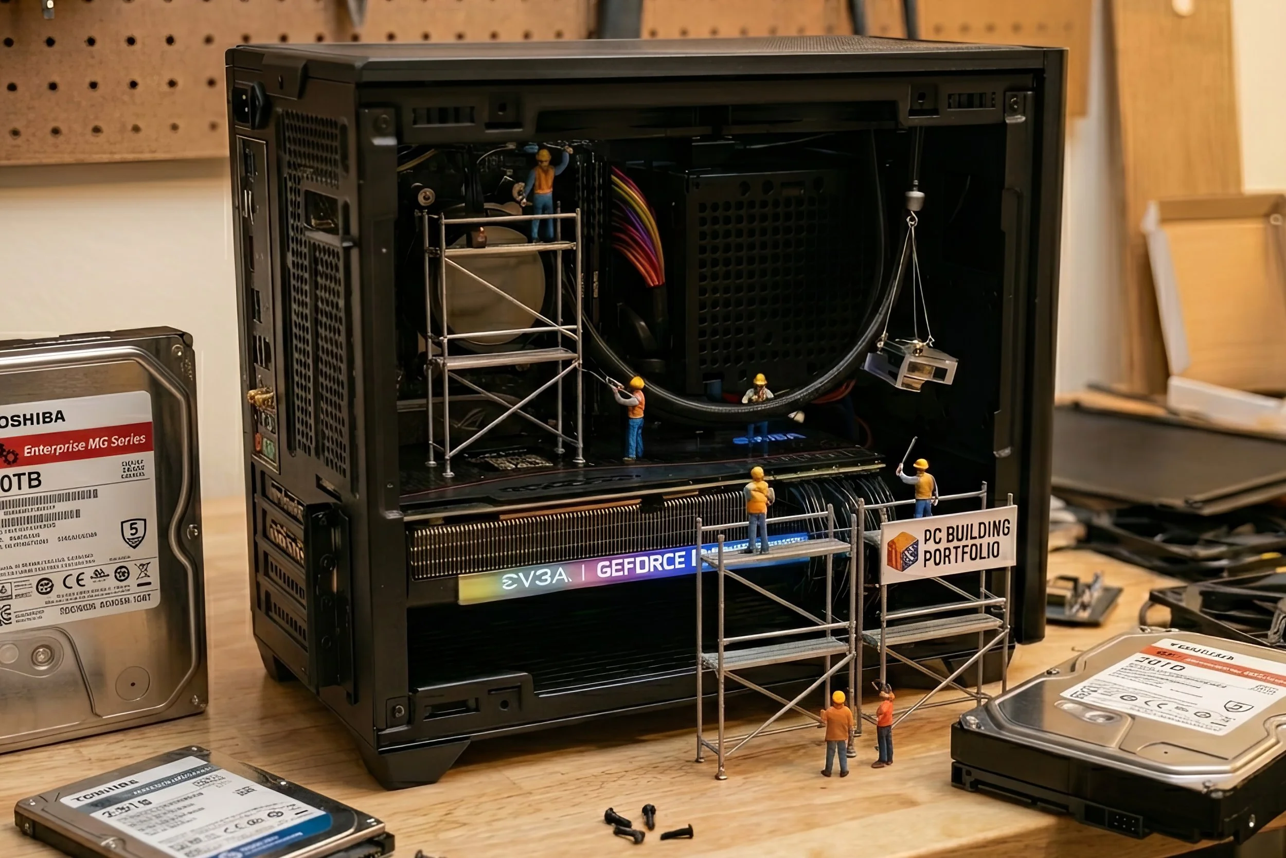 Close-up of a black computer tower with miniature construction worker figurines working inside and around it. The scene includes hard drives, cables, and other computer components.