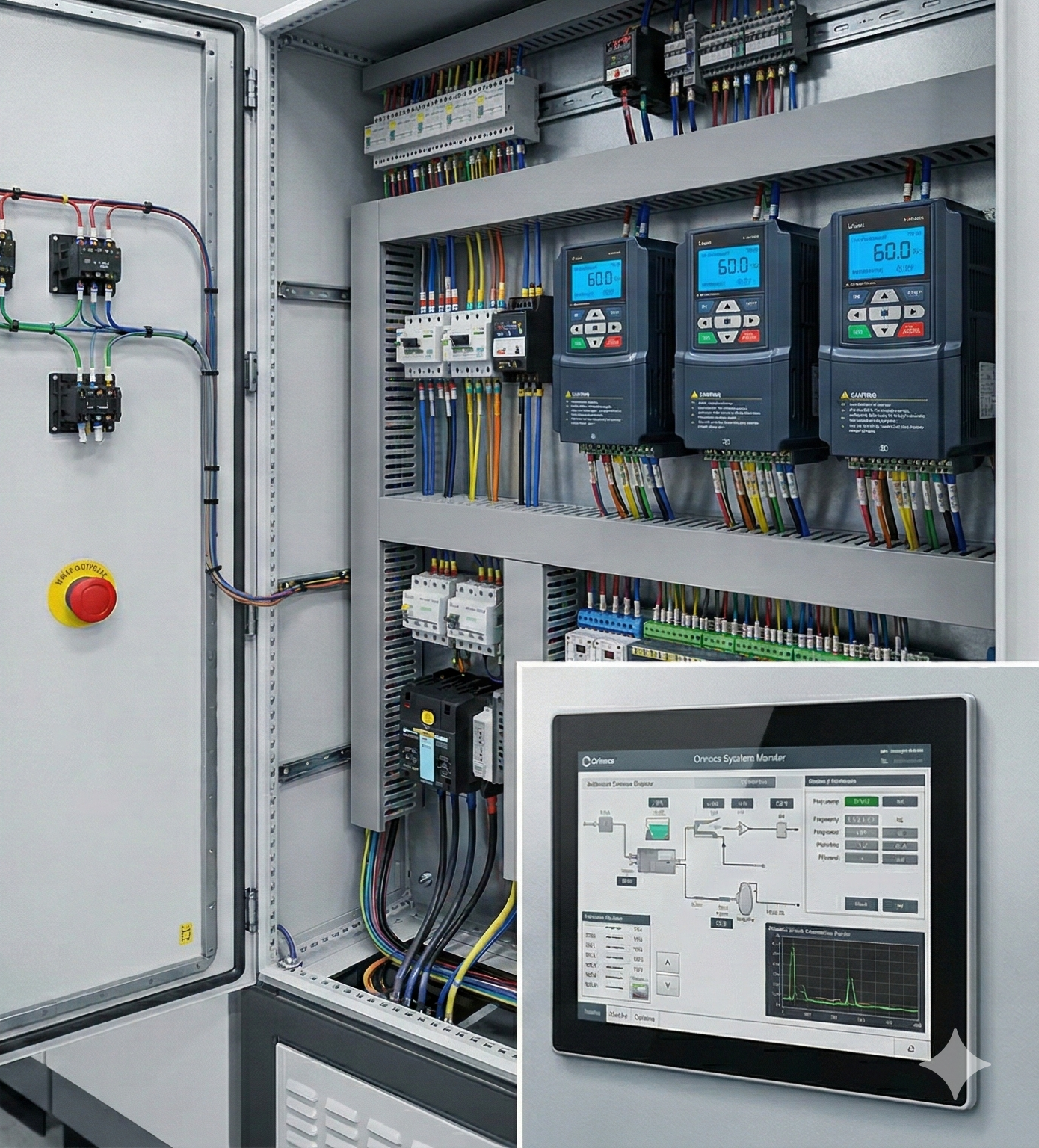 Industrial electrical control panel with integrated PLC components, wiring harnesses, and an HMI screen displaying real-time system graphics and operational data.