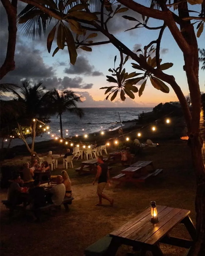 People gathered outdoors at a beachside evening event with string lights, palm trees, and a lantern on a picnic table, overlooking the ocean during sunset.