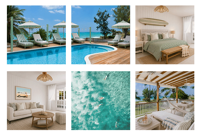 Collage of vacation scenes: poolside with lounge chairs and umbrellas overlooking the ocean, bedroom with green bedding, cozy living room with white furniture, aerial view of people swimming in clear turquoise water, and covered balcony with outdoor seating overlooking the ocean.