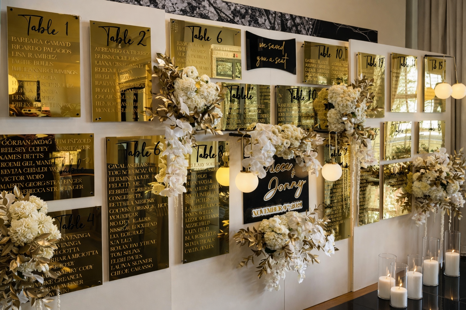 Wedding seating chart featuring gold-colored reflective placards with black handwriting, floral arrangements of white roses and hydrangeas with gold accents, and candles in glass holders on the floor.