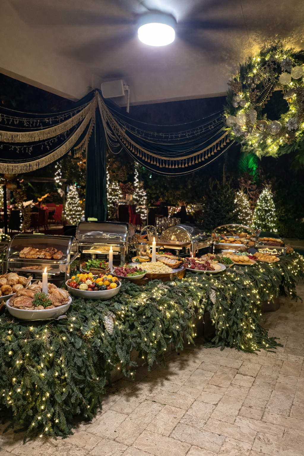 Christmas holiday buffet table decorated with evergreen garlands and string lights, featuring cakes, fruits, meats, and desserts, under a large decorated wreath and hanging drapes, with Christmas trees and Christmas lights in the background.