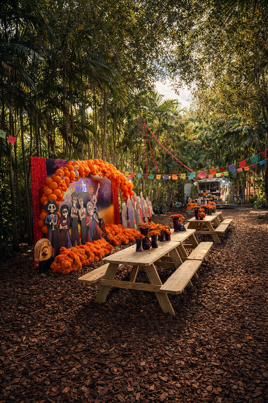 Day of the Dead themed outdoor celebration with orange marigold flower arrangements, colorful paper banners, and decoration featuring skeleton figures. Wooden picnic tables set for guests are in a lush, green tropical setting.