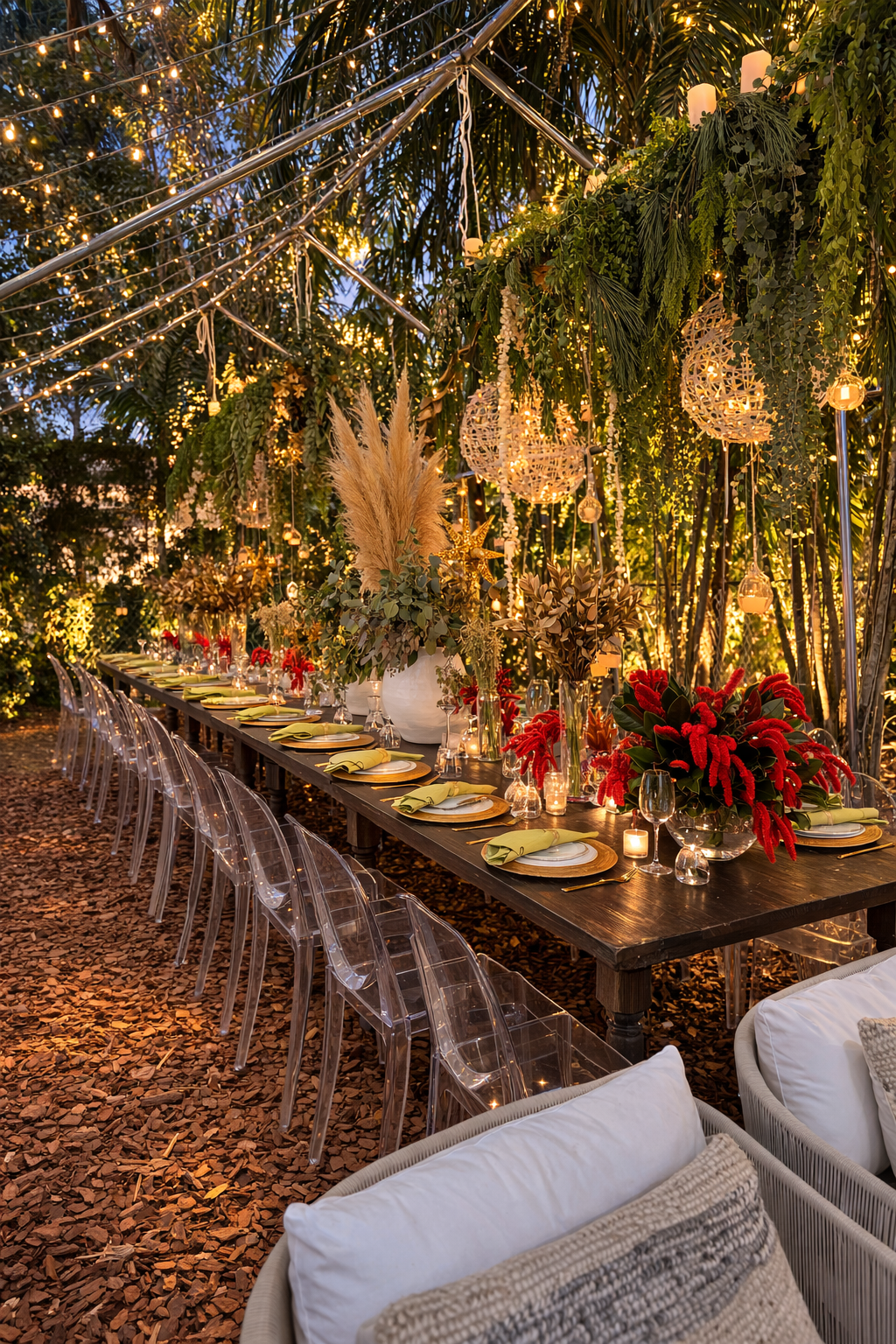 An outdoor dinner setup with a long wooden table decorated with vases of red and neutral flowers, candles, and hanging lanterns. Transparent chairs are arranged around the table, and string lights illuminate the lush greenery overhead, creating a fes