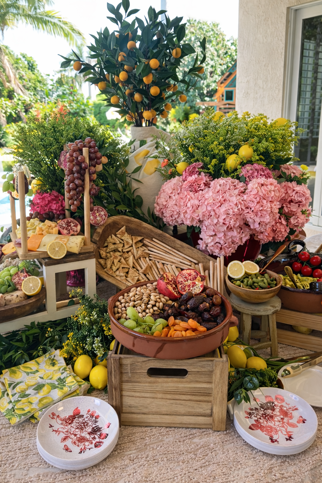 An outdoor table set with a colorful spread of fresh fruits, cheeses, nuts, and crackers, surrounded by vibrant flower arrangements including pink hydrangeas and a lemon tree, with sunny weather and greenery in the background.