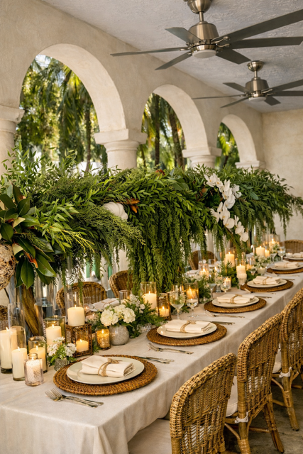 Decorated dining table with candles, greenery, and white flowers under arched openings with palm trees visible outside.