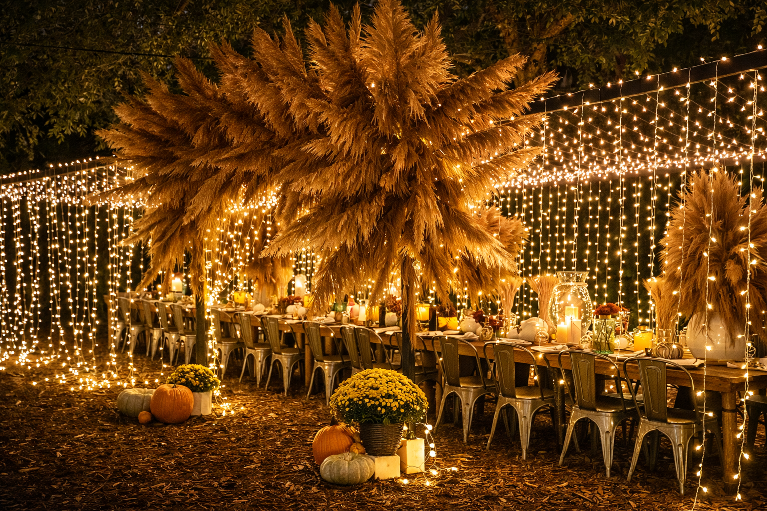 An outdoor festive dinner setup with a long wooden table, surrounded by chairs, decorated with candles, pumpkins, and flowers. The scene is illuminated with string lights, hanging from trees and wrapped around large pampas grass arrangements, creatin