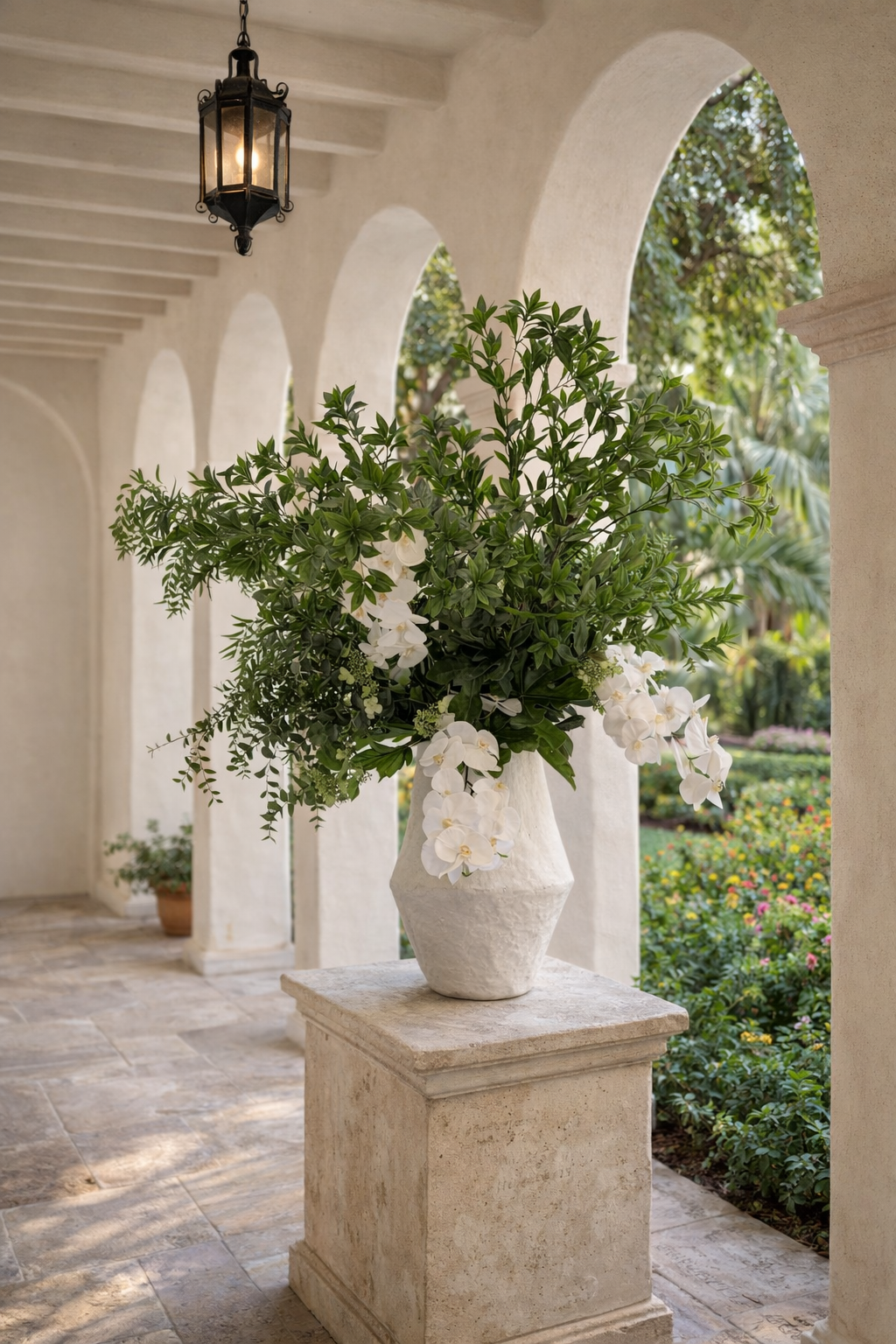 A large floral arrangement of white orchids and green foliage in a textured white ceramic vase on a pedestal, located on a covered outdoor porch with archways and a hanging lantern, overlooking a lush garden.