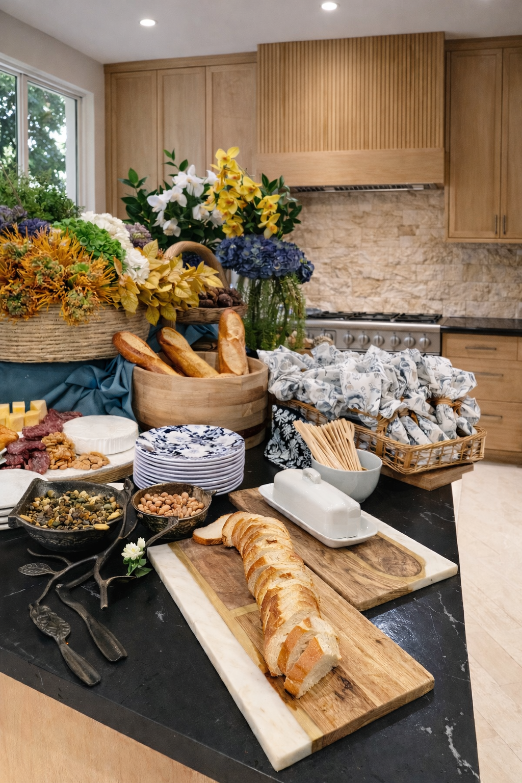 A kitchen counter with a variety of food items including sliced bread, cheeses, nuts, olives, cured meats, and crackers, accompanied by a floral arrangement and napkins in a basket.