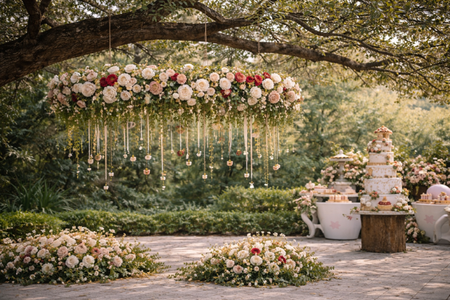 Outdoor wedding setup with a floral chandelier hanging from a tree and floral arrangements on the ground, with a tiered cake and dessert table in the background.