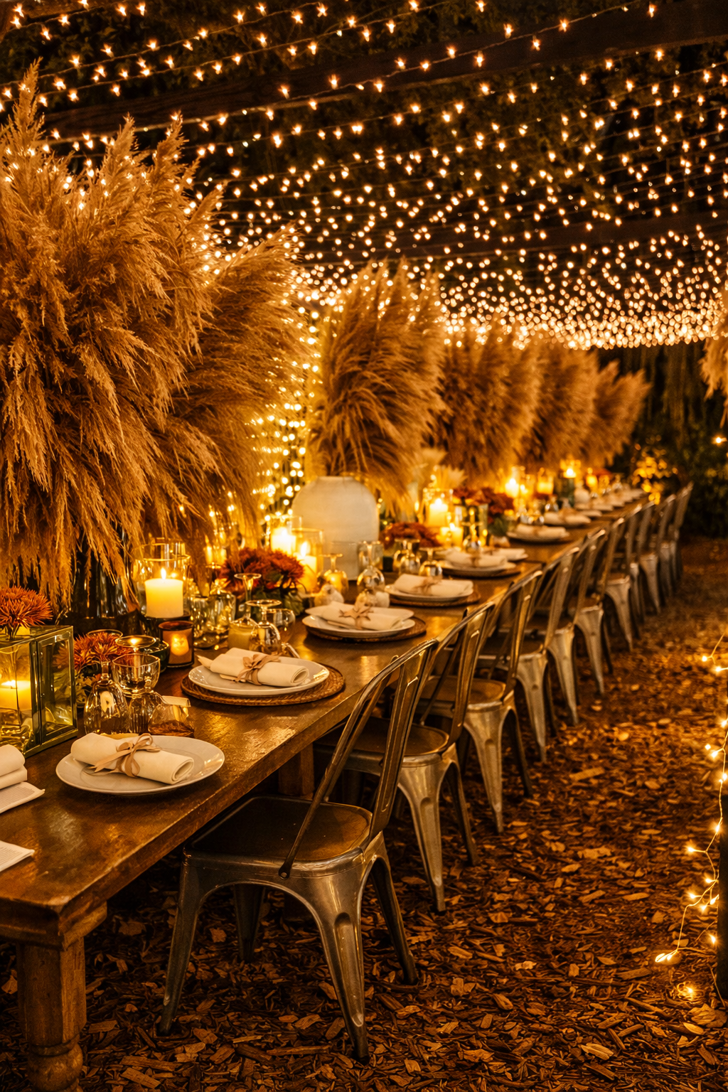 An outdoor dinner setup decorated with string lights overhead, tall pampas grass arrangements, candles, and tableware on a long wooden table, creating a warm, festive ambiance.