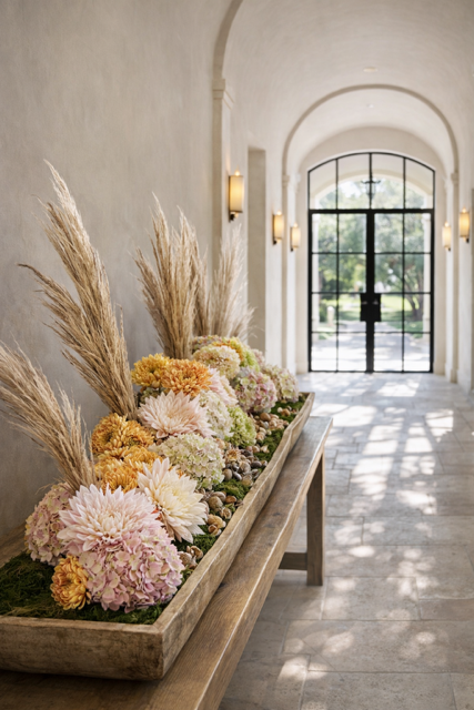 A wooden table with a large floral arrangement of pastel-colored flowers and dried pampas grass, set against a light-colored wall in a hallway with an arched doorway and glass door at the end.